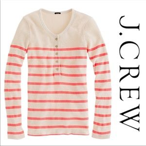 J. Crew Striped Thermal Henley Top Neon Pink & Cream Size Medium